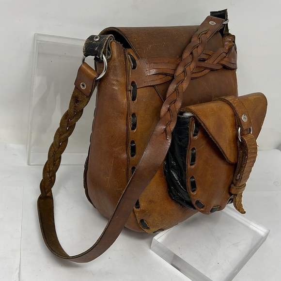 1970’s Hippie Brown Black Leather Shoulder Bag - Picture 1 of 14